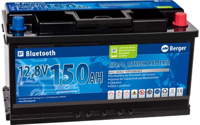 Berger LiFePO4 Lithium Batterie 150 Ah 12 V mit Bluetooth & im 100 Ah Gehäuse