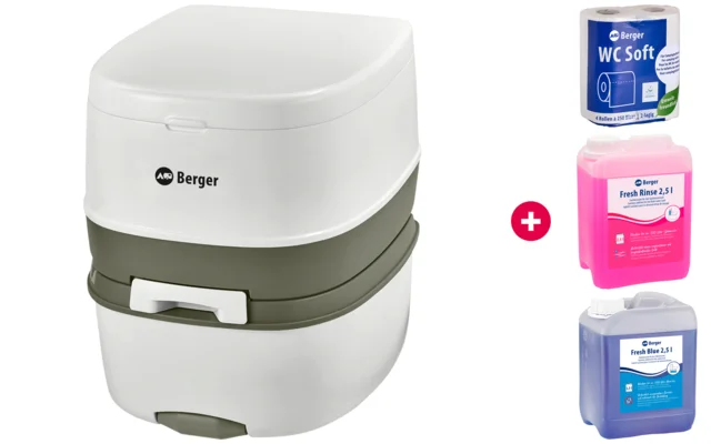 Berger Mobil WC Supreme Starter Set mit Supreme Campingtoilette, Toilettenpapier und Sanitärflüssigkeiten