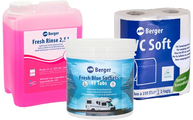 Berger Sanitär Set 3-teilig inkl. Fresh Blue Sachets + Fresh Rinse 2,5 l + WC Soft Toilettenpapier