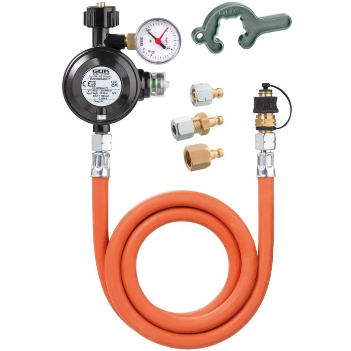 GOK Gasregler-Schlauchleitung-Set mit Manometer, 50 mbar