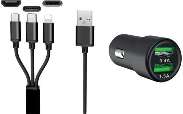 IWH Dual 3 in 1 USB Ladegerät für Autos 3 Anschlüsse 1,2 Meter