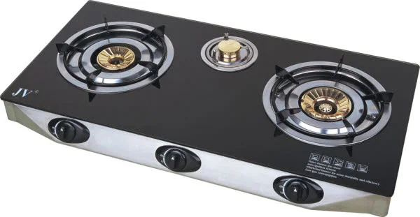 JV Edelstahl-Propangaskocher, 3-flammig mit Glasplatte