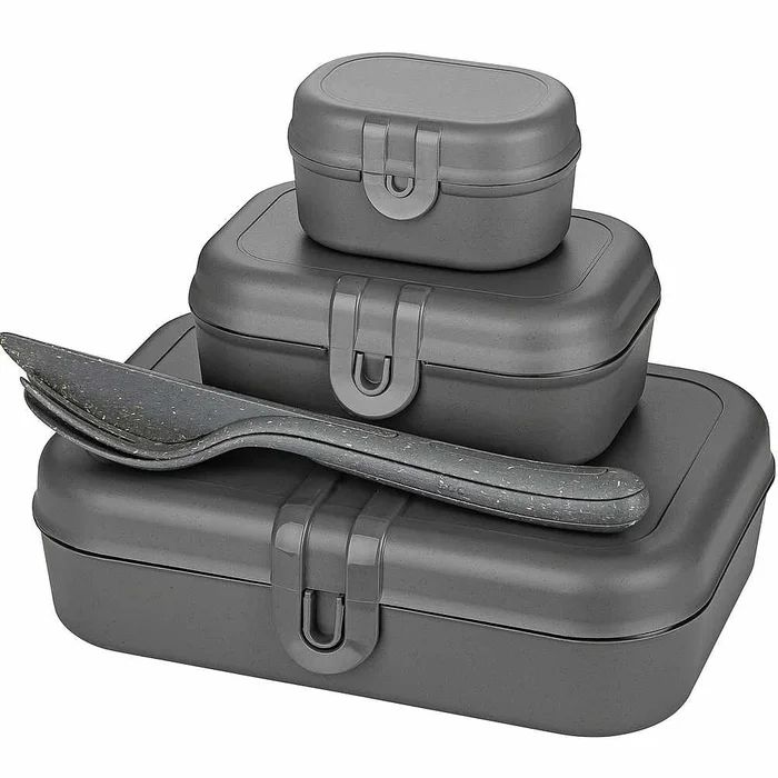 Koziol Lunchbox – und Besteck-Set PASCAL READY, nature ash grey, 4er-Set