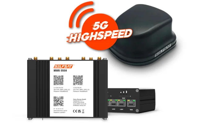Selfsat 4G / LTE / 5G & WLAN Internet Router Komplettset MWR 5550 bis 3,3 Gbps inkl. 5G Dachantenne