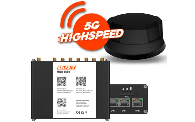 Selfsat 5G Cat 20 WiFi 6 WLAN Router MWR 6550 bis 3,4 Gbps inkl. Panorama Antenne