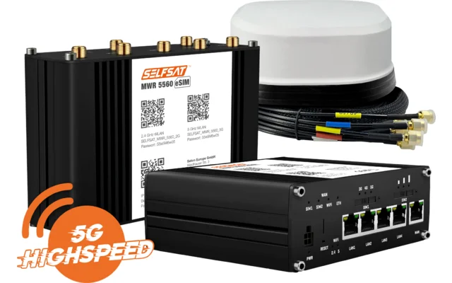 SELFSAT MWR 5560 WLAN Router eSIM 5G Cat 20 bis 3,4 Gbps inklusive SATCO 5G Antenne