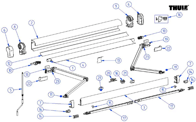 Thule Endkappen Set Vorderschiene für Omnistor 4900 Kassettenmarkise und Tristor Kassettenmarkise – Thule Ersatzteilnummer 1500602213