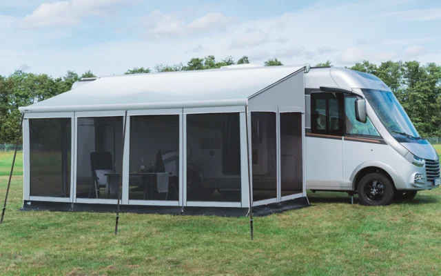 Wigo One Frontwand für multifunktionales Markisenzelt für Sonnen- / Wind- / Sicht- / Moskito- und Regenschutz