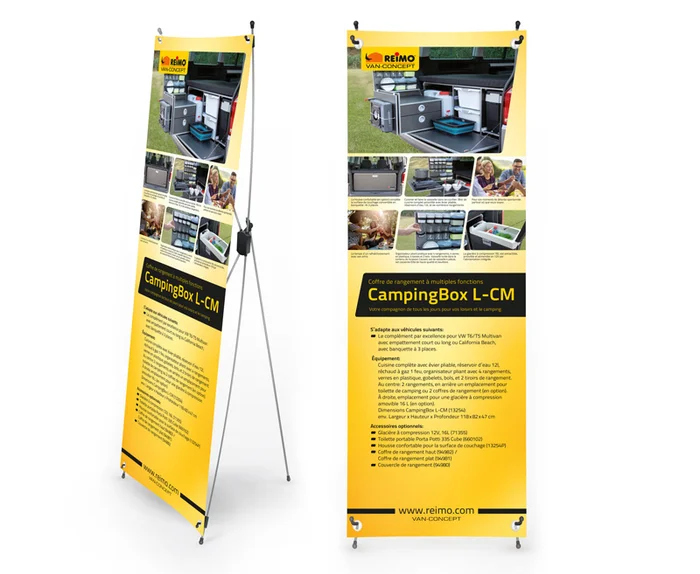 X-Banner – Motiv: Reimo Campingbox L-CM, Französisch, Größe: 60x180cm
